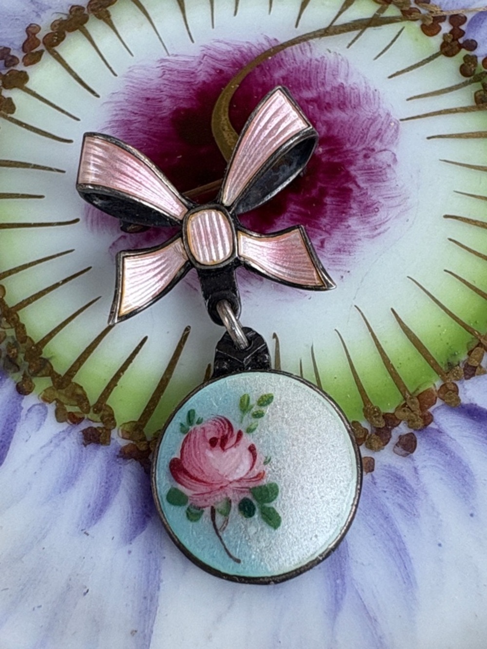 Vintage Norway Sterling Guilloche Enamel Ribbon & Rose Brooch Pin